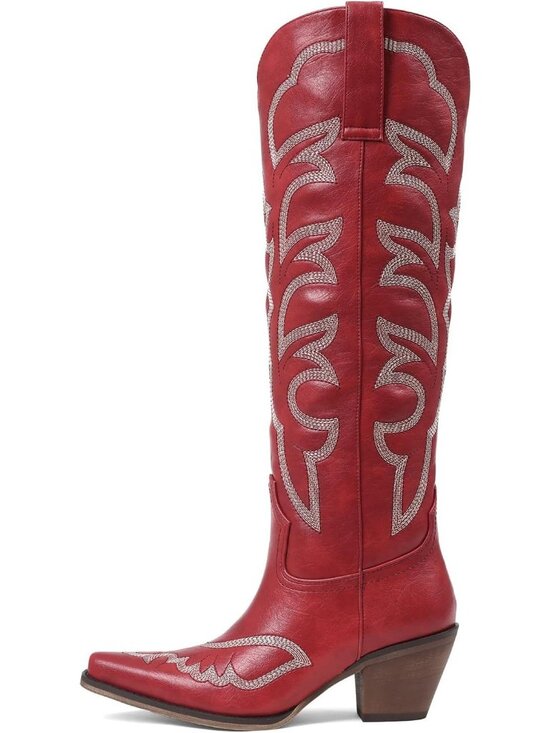 Women's Red Knee High Western Cowgirl Boots Wide Calf Pointed Toe Embroidered